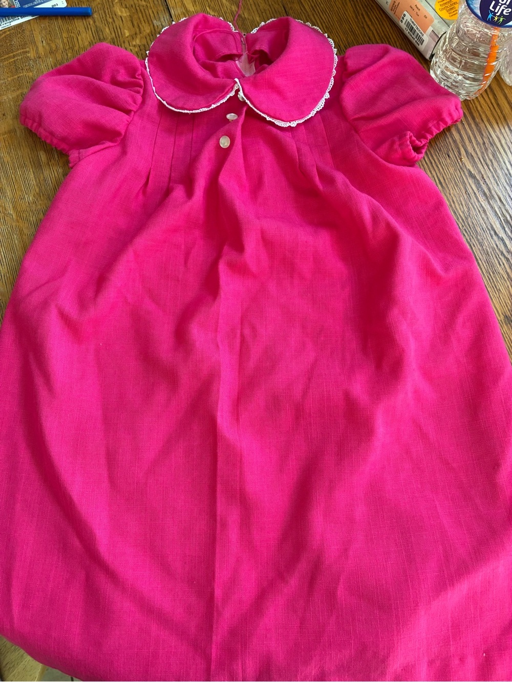Girls' Bright Vintage hand made Pink Collared Dress 3-4 t